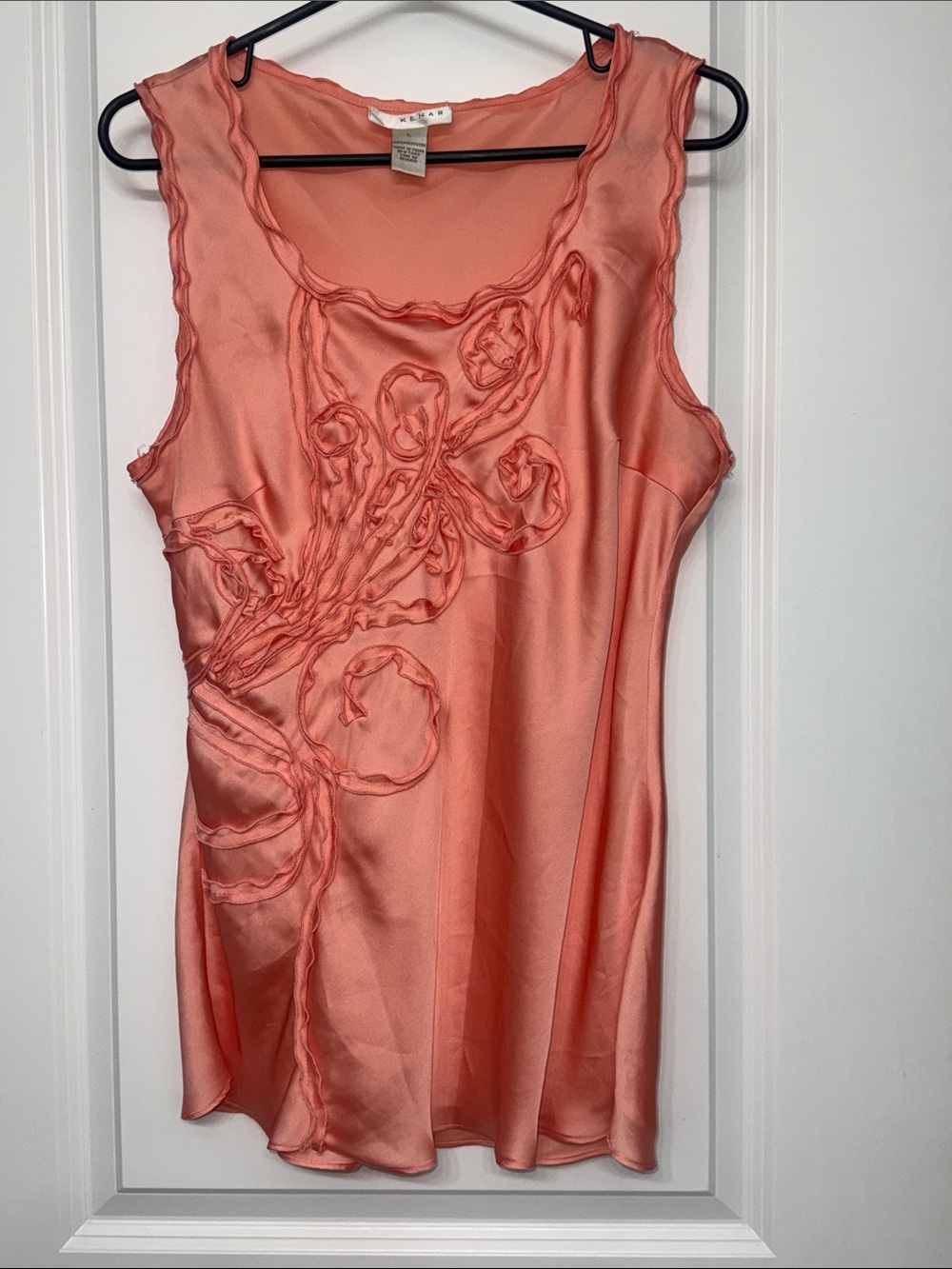 Large Kenar Coral Pink Satin Ruffle Appliqué Sleeveless Camisole - Picture 2 of 8